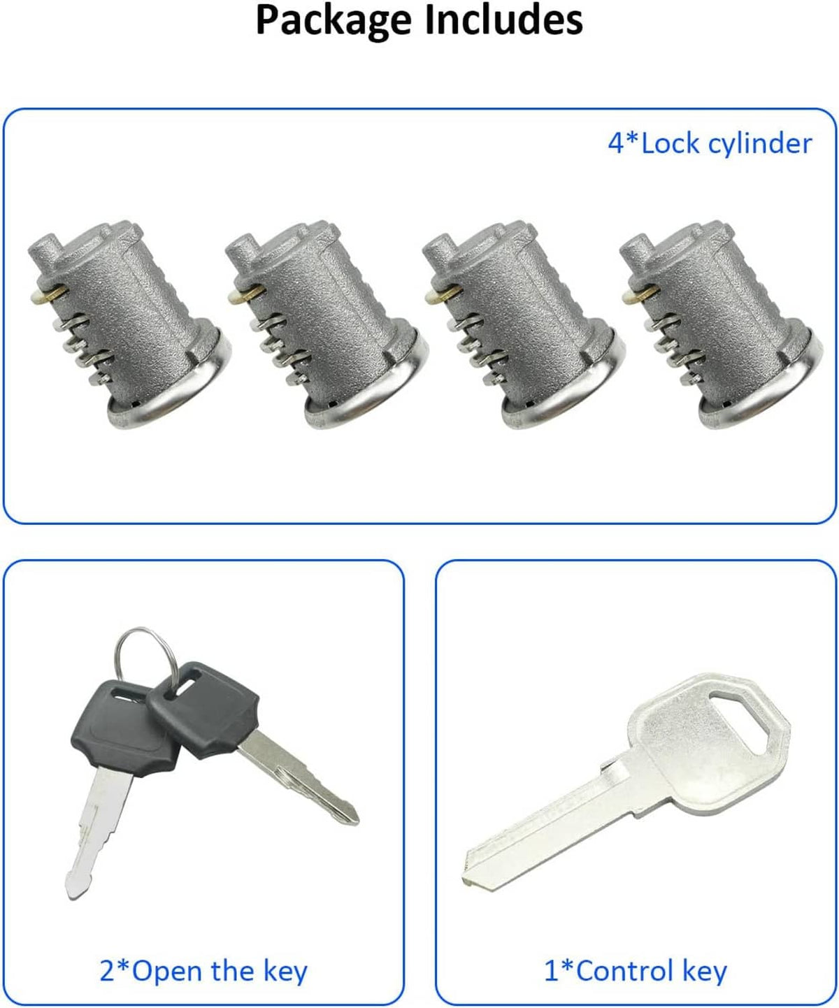 Lock cylinder package with four cylinders, control key, and open key