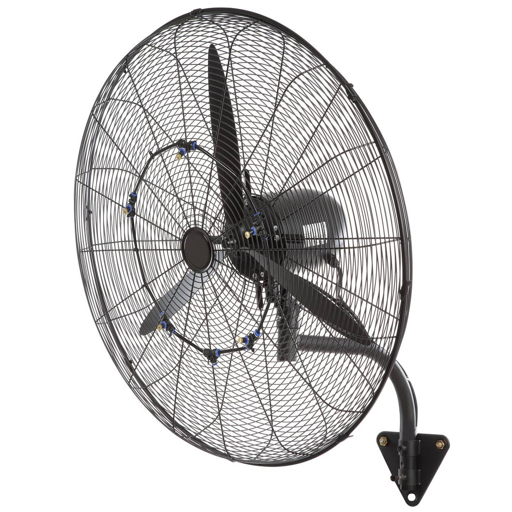 Wall-mount misting fan angled view with metal grill, three blades, wall bracket