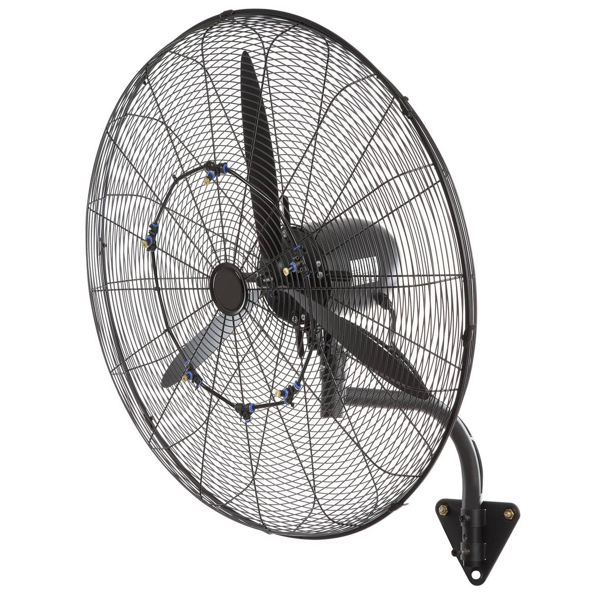 Wall-mount misting fan angled view with metal grill, three blades, wall bracket
