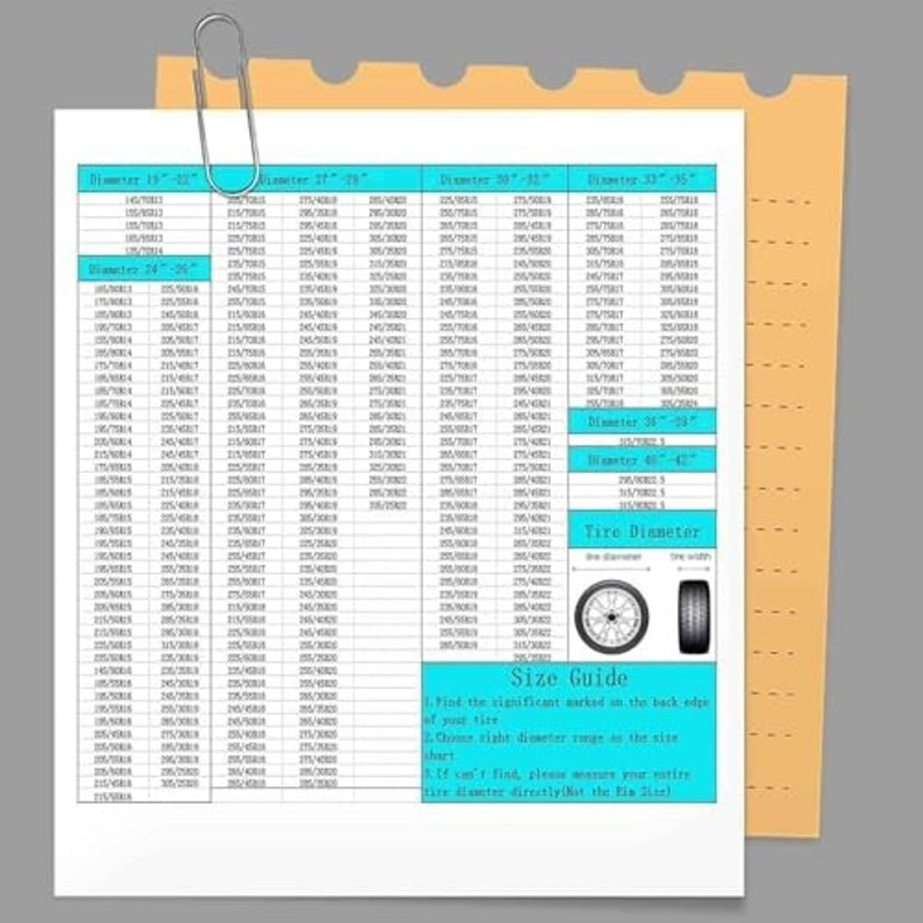 Tire diameter size guide chart for selecting tire cover fit