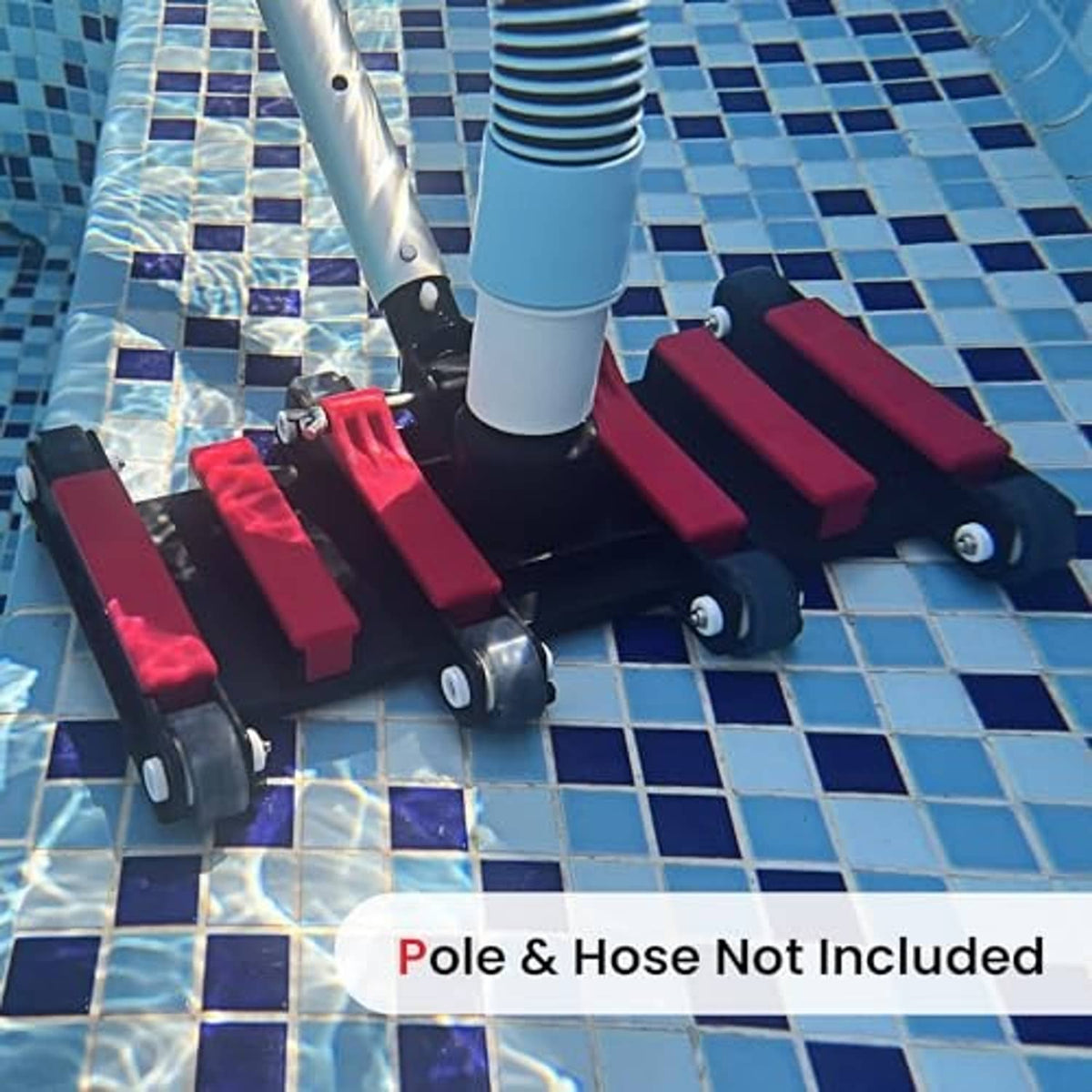 Pool vacuum head with wheeled base, red scrubbing brushes on black frame