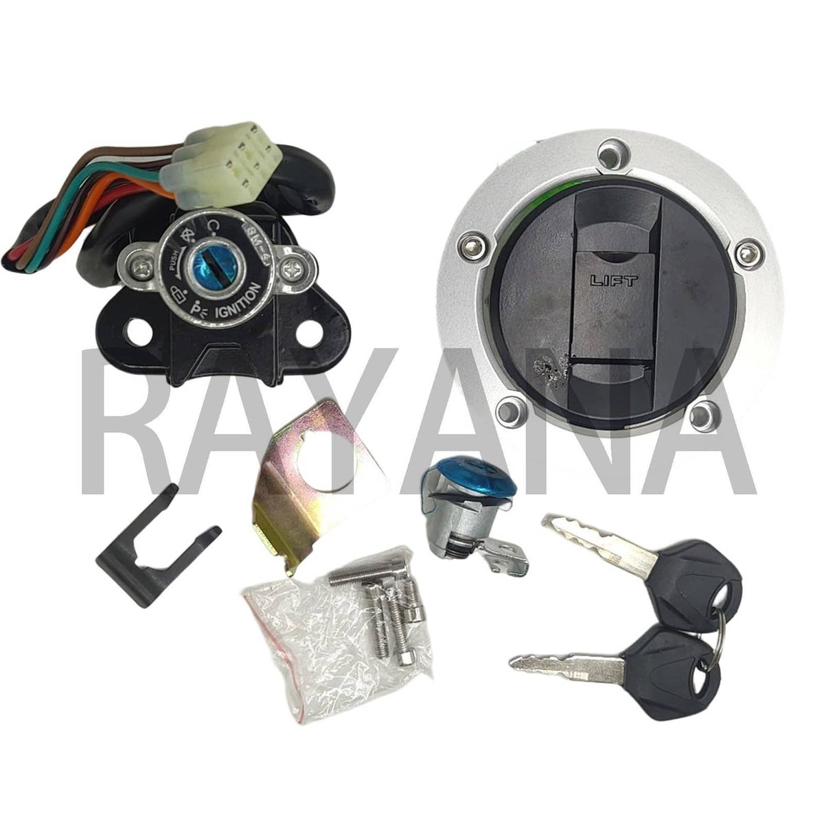 Ignition switch and fuel cap lock kit with keys, lock cylinder, wiring harness, screws
