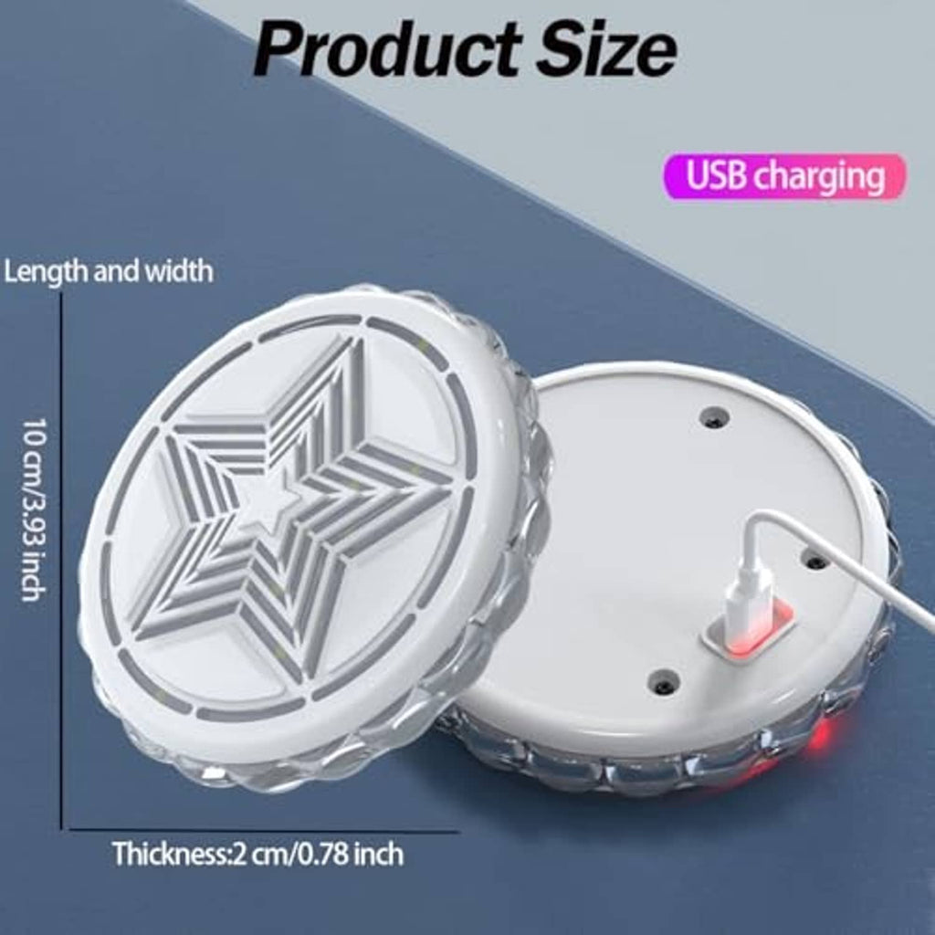 Round white LED car ceiling lights with star lens, USB charging and red switch visible