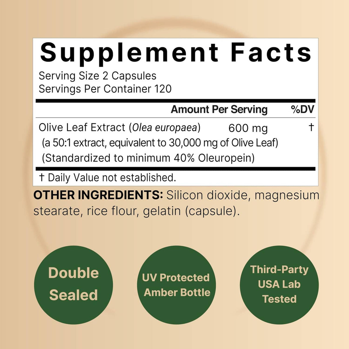 Olive leaf extract supplement facts label: 2 capsules provide 30,000 mg, 40% oleuropein