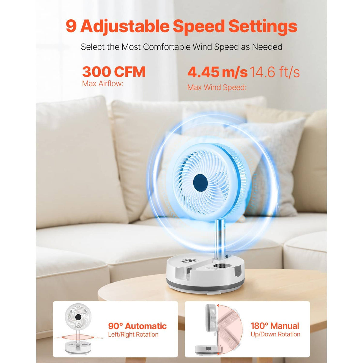 Rechargeable fan blowing with blue LED ring light and standing pole