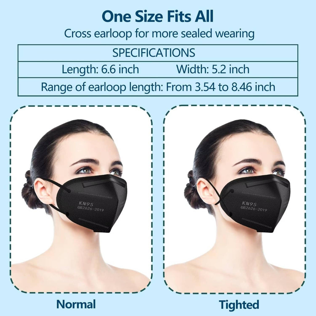 Black KN95 face mask one-size fit shown for normal and tightened wear