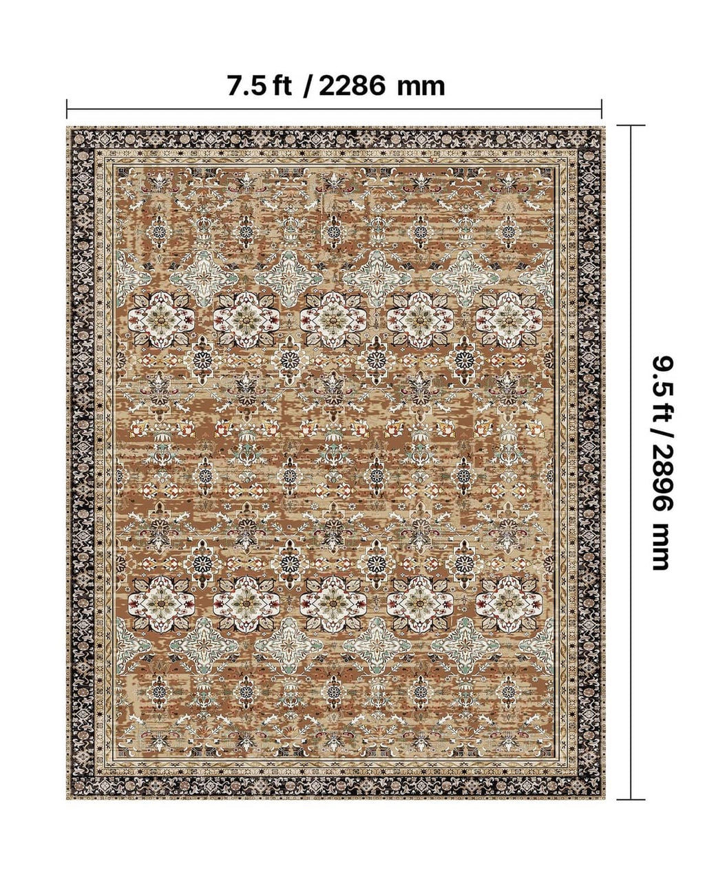 Vintage area rug size chart view showing ornate tan, cream, and dark patterned border