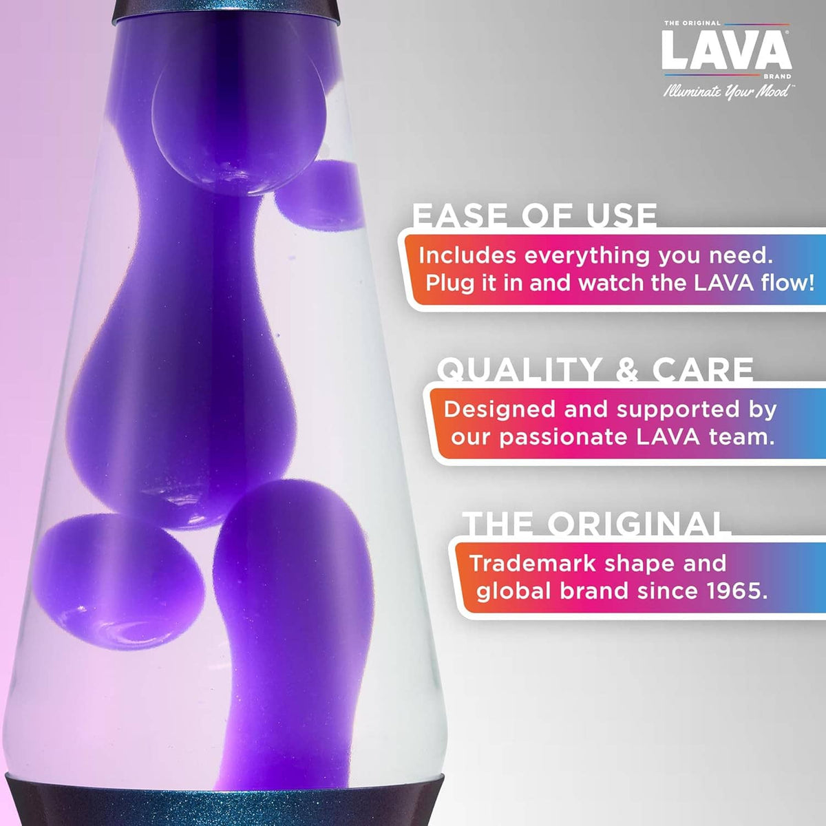 Lava lamp with clear globe and purple flowing liquid, close-up view