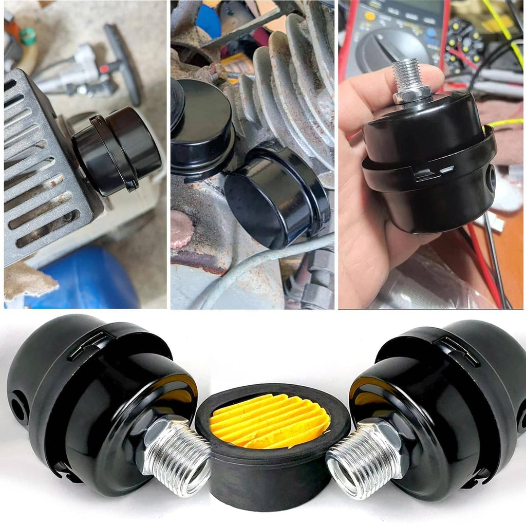 Air compressor silencer muffler with black housing and yellow pleated filter insert and ports