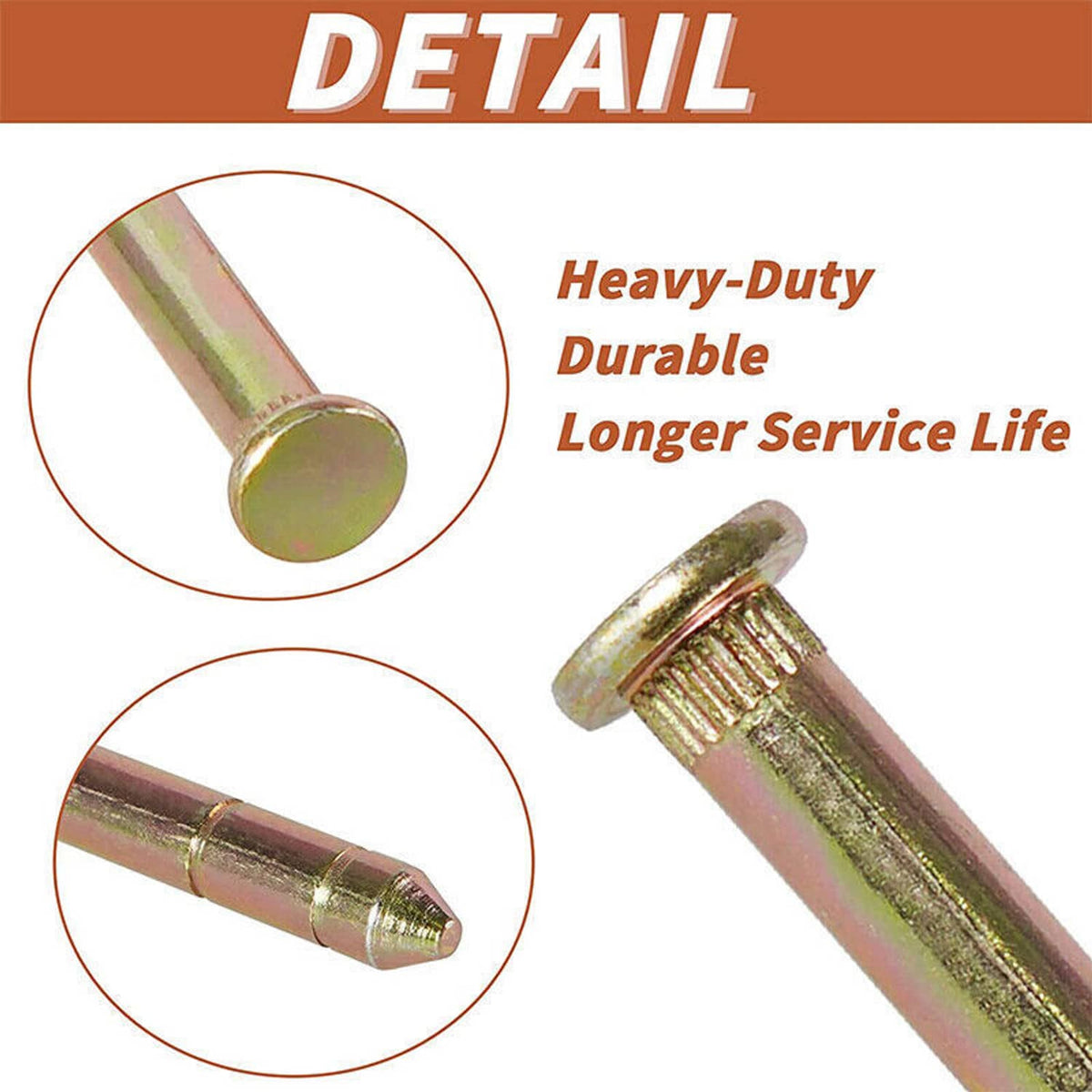 Close-up of gold-colored heavy-duty door hinge pin tip and shaft with textured head