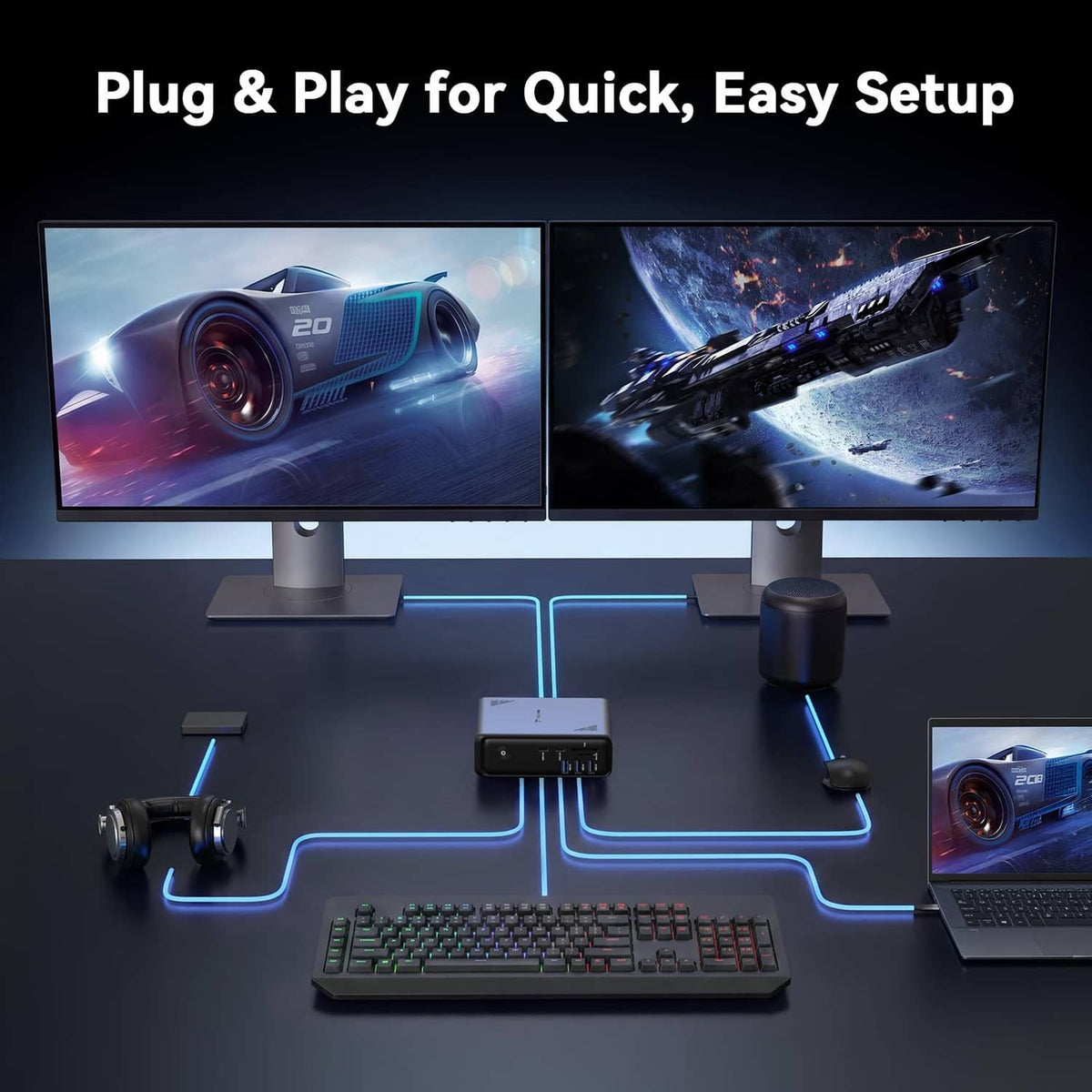 USB-C docking station connected to displays and peripherals for easy plug-and-play