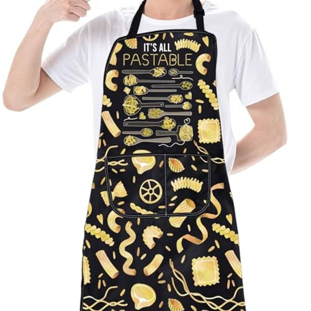 Black pasta graphic apron with 'IT'S ALL PASTABLE' text and front pocket