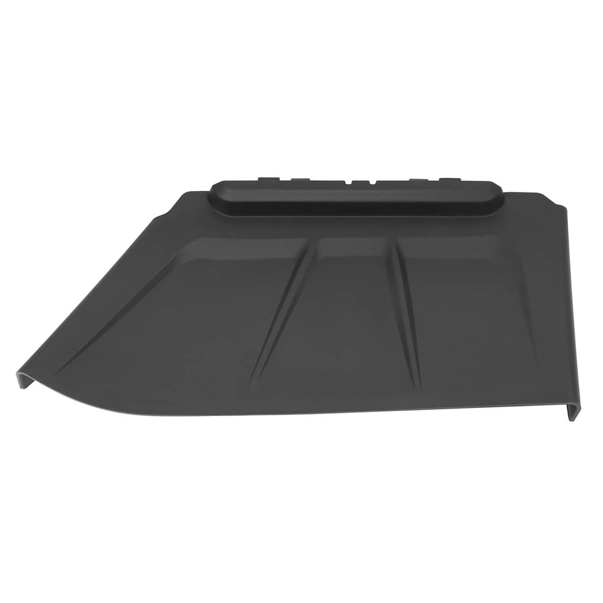 Black discharge chute front view with side deflector and raised grip handle.