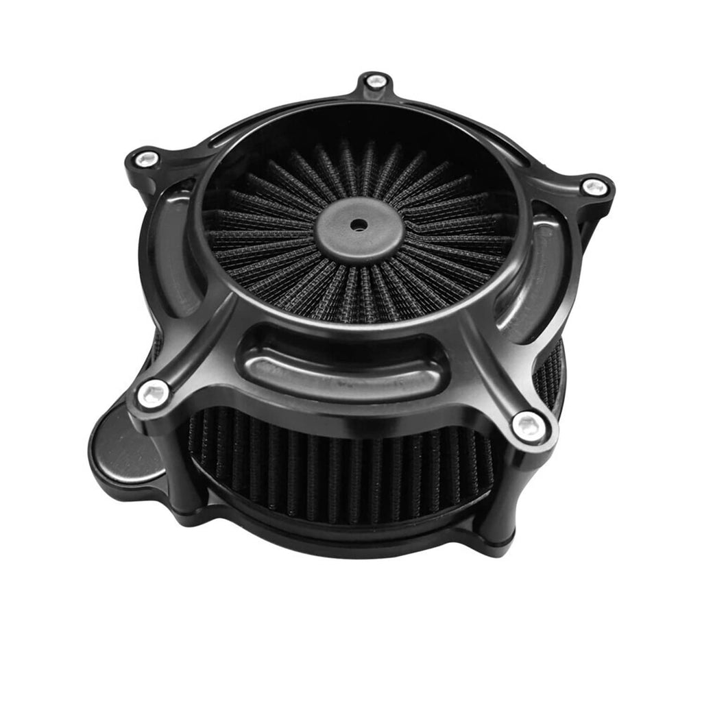 Black air cleaner intake filter housing with fan-style pleated filter element