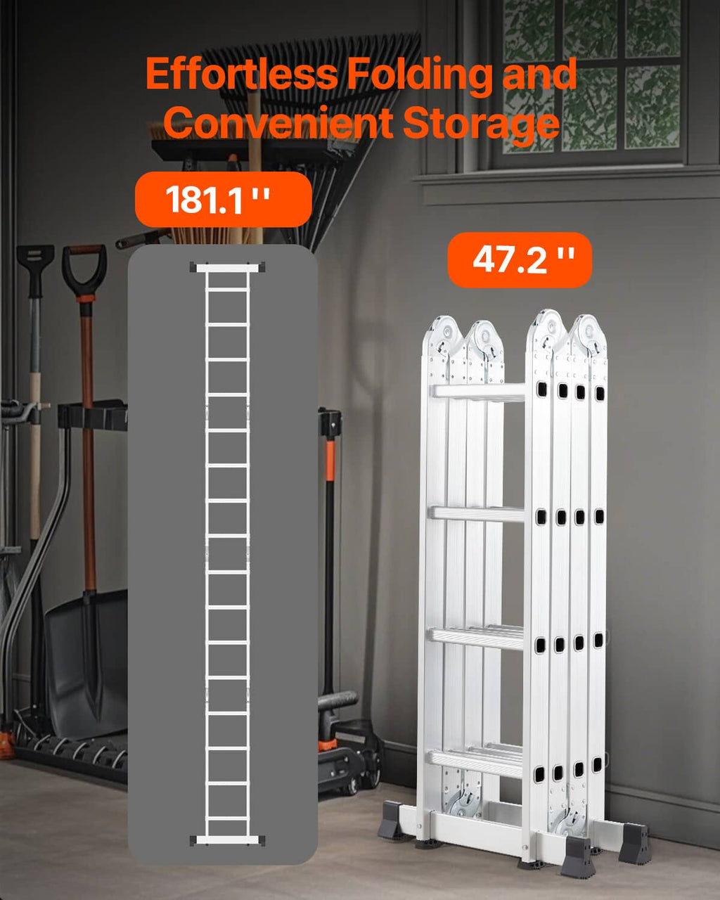 Folding ladder shown extended and folded for storage, white ladder sections and feet