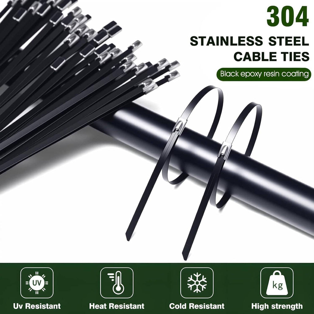 304 stainless steel cable ties with black epoxy coating and metal locking heads, bundled