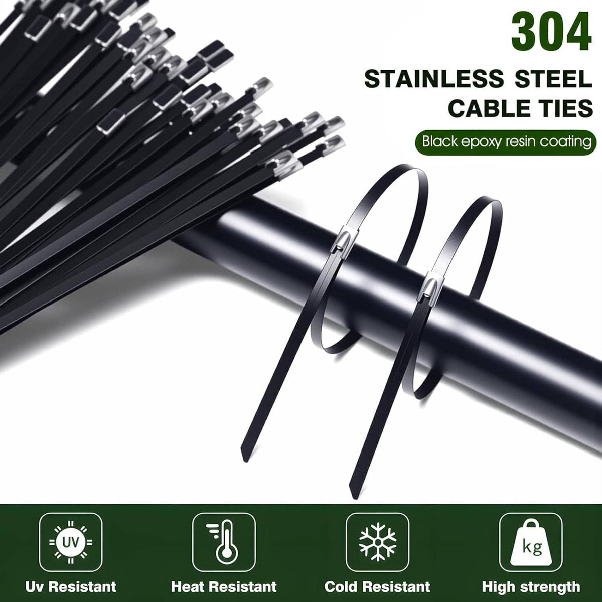304 stainless steel cable ties with black epoxy coating and metal locking heads, bundled