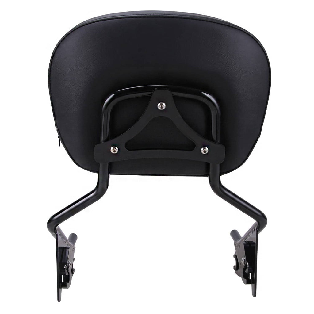 Black padded motorcycle backrest with centered support base and mounting points