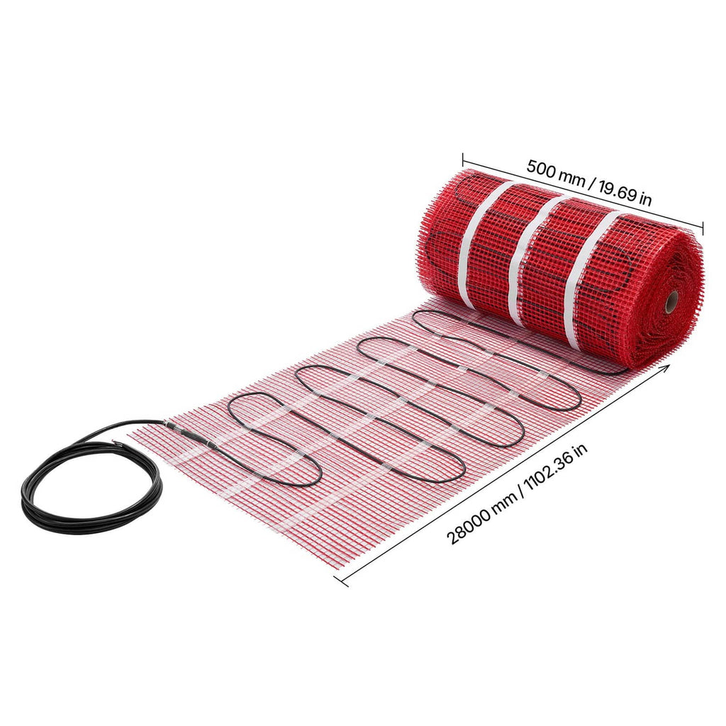 Rolled red mesh floor heating mat with black wire loops and power cable