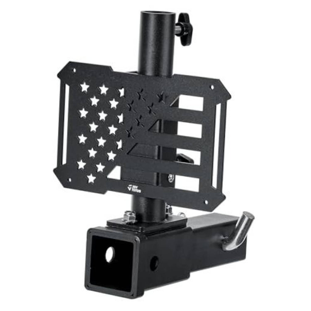 Black hitch receiver flag pole holder with stars-and-stripes decorative panel