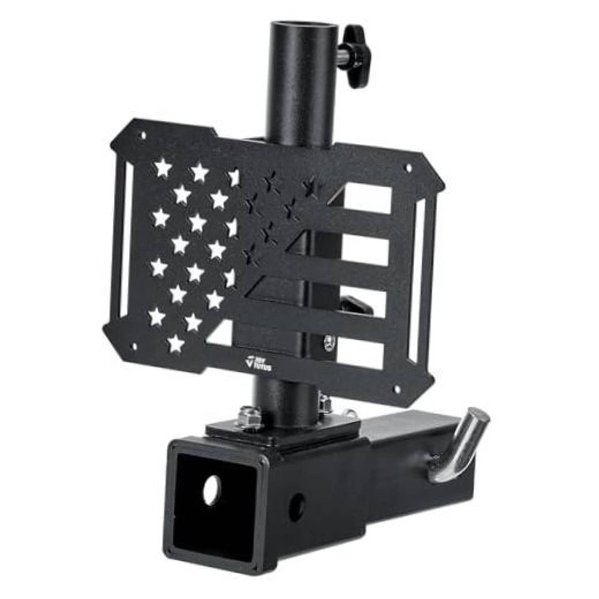 Black hitch receiver flag pole holder with stars-and-stripes decorative panel