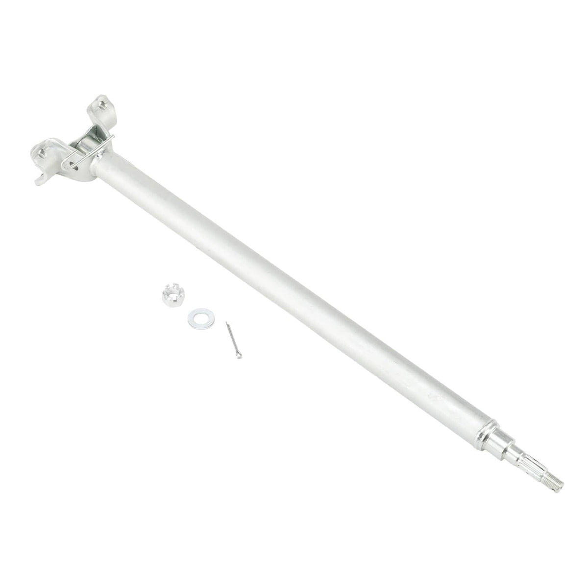 Silver steering stem shaft with top clamp; includes small washer and pin
