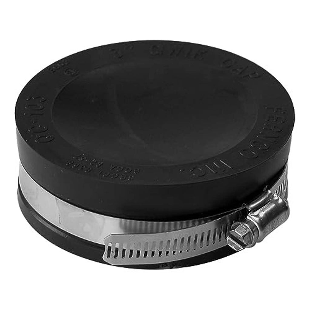 Single black 3-in flexible PVC pipe cap with stainless clamp band and bolt.