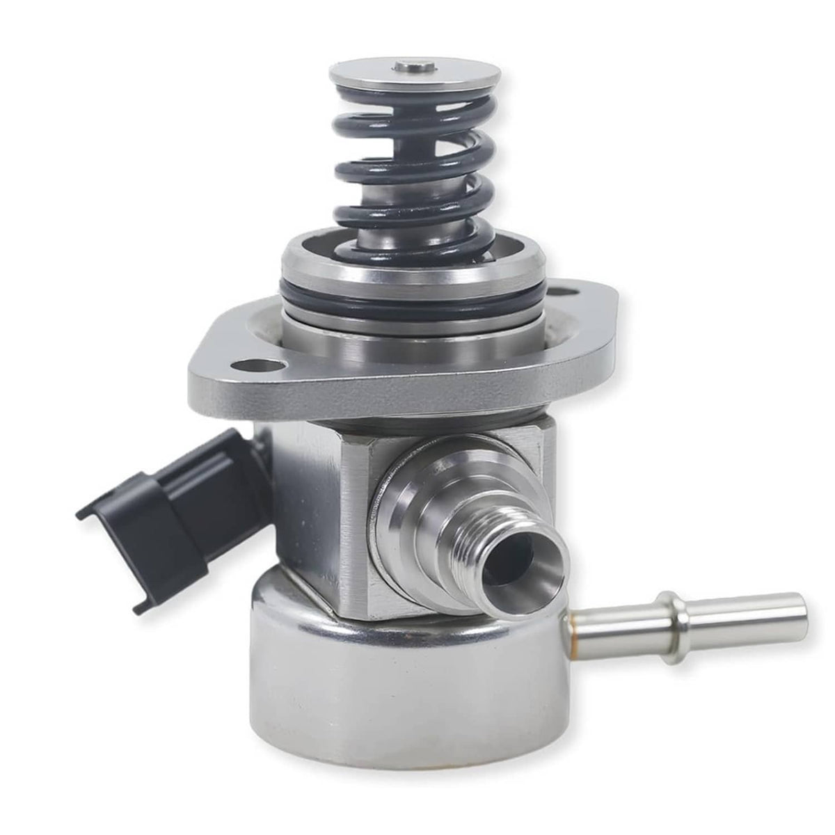 High-pressure fuel pump with spring, metal flange, and threaded outlet fitting