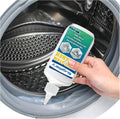 Mold stain cleaner gel squeeze tube held over washing machine drum