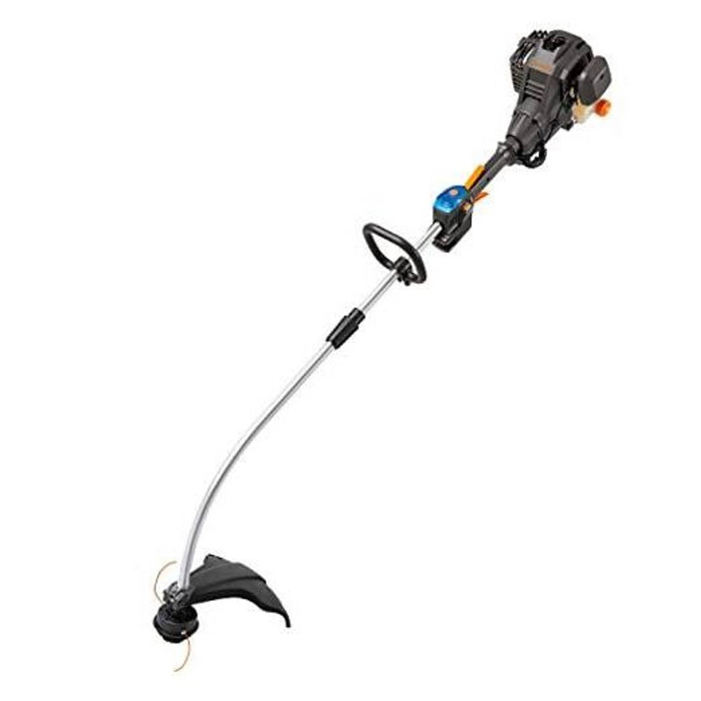 Curved-shaft gas string trimmer with protective guard and line spool head