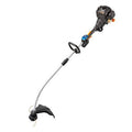 Curved-shaft gas string trimmer with protective guard and line spool head