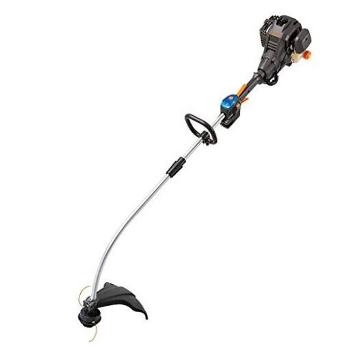 Curved-shaft gas string trimmer with protective guard and line spool head