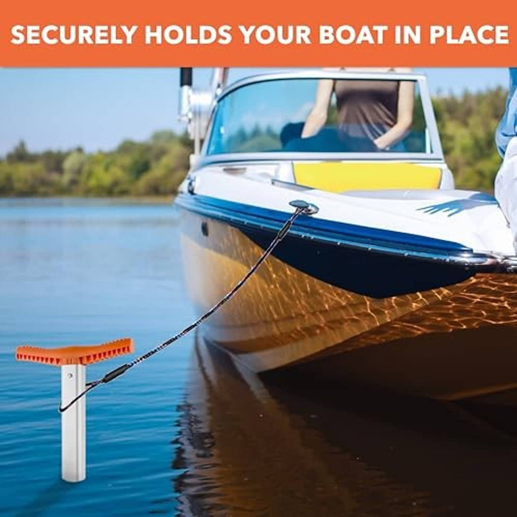 Aluminum sand anchor with attached rope line, orange crossbar, and auger tip