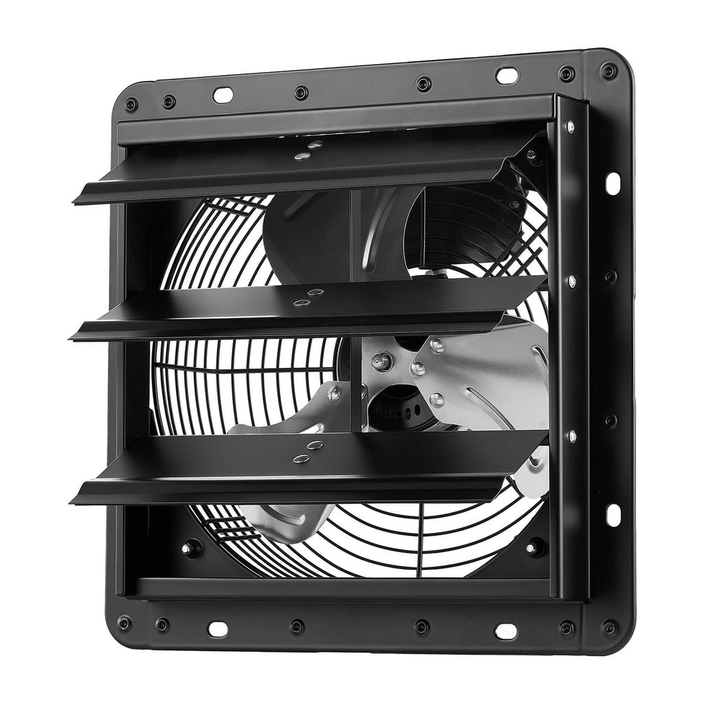 Wall-mount shutter exhaust fan with open louvers and fan blades, black steel housing.