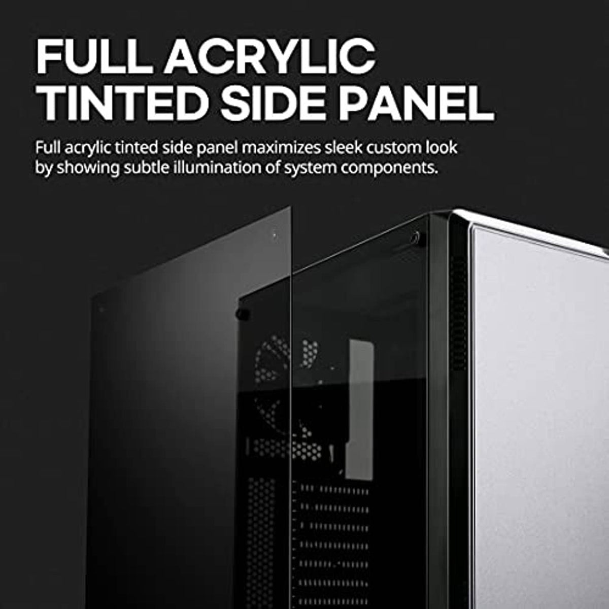 Black PC case with full tinted acrylic side panel and airflow mesh