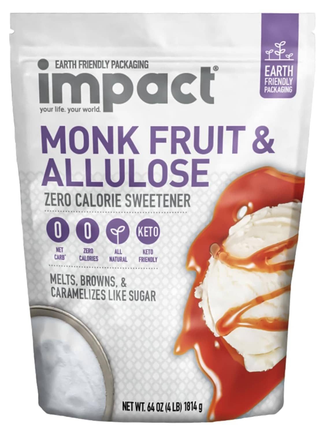 Impact monk fruit & allulose zero calorie sweetener pouch, crystallized blend sugar substitute