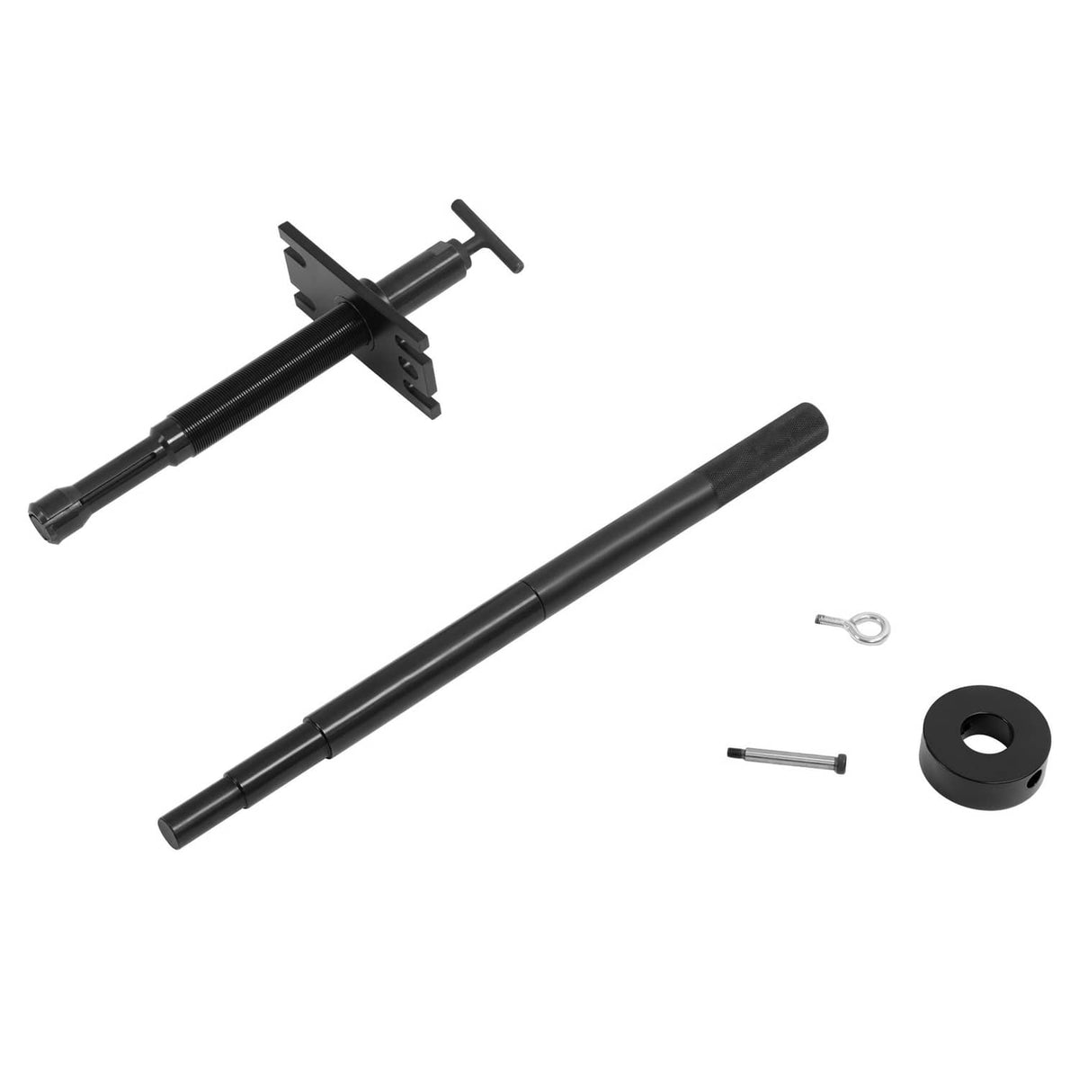 Gimbal bearing puller kit parts: long shaft, sliding arm, pin, washers, fasteners