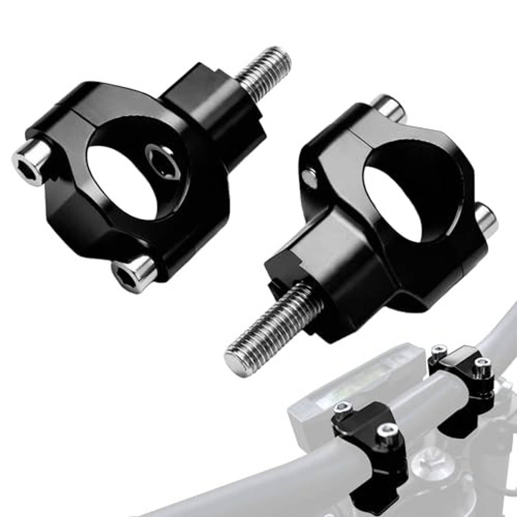 Pair of black handlebar riser clamps with silver hex hardware and mounting studs
