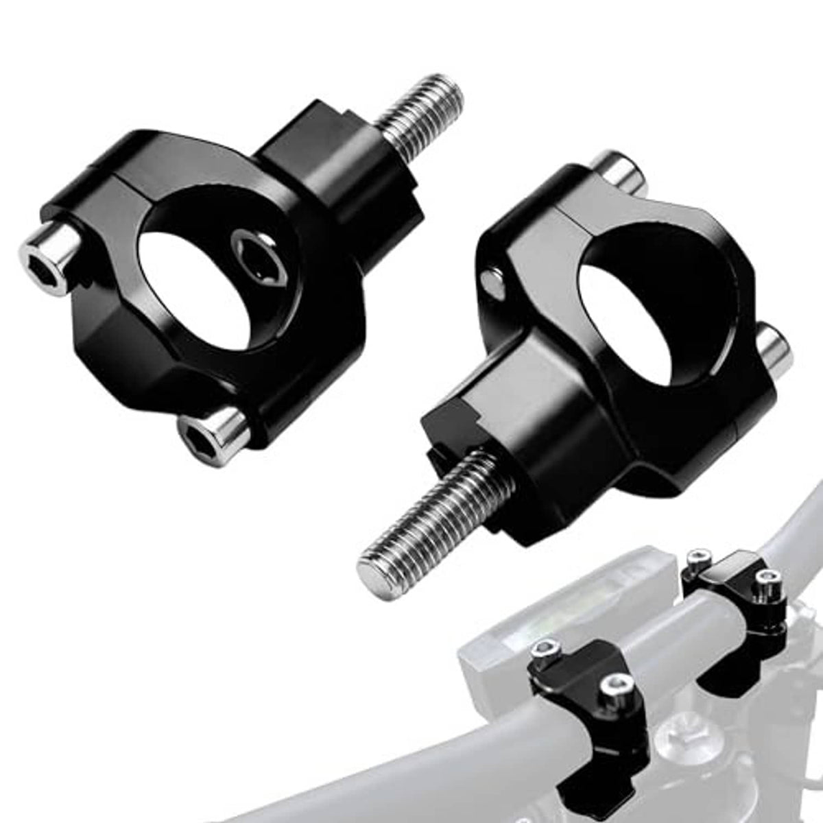 Pair of black handlebar riser clamps with silver hex hardware and mounting studs