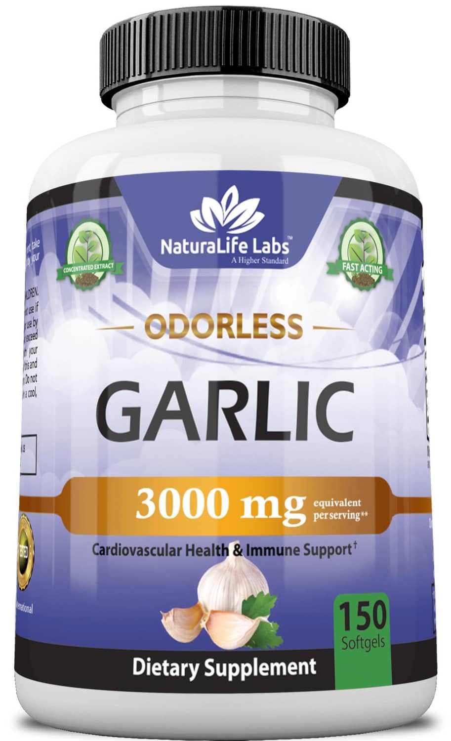 Odorless garlic supplement bottle, 3000 mg per serving, 150 softgels