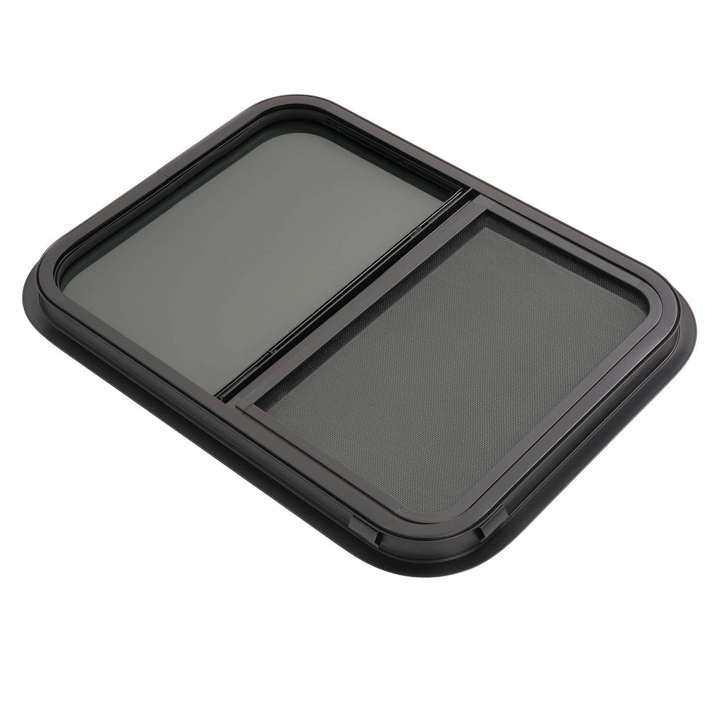 Black RV window with vertical slider screen, rounded rectangular frame