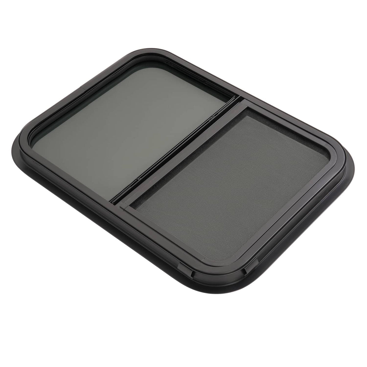 Black RV window with vertical slider screen, rounded rectangular frame