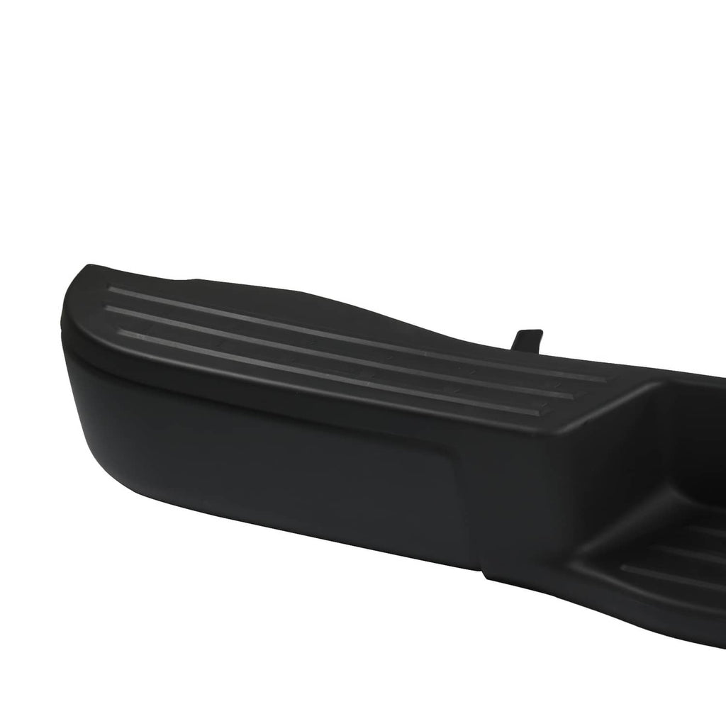 Black rear step bumper end section with textured traction ridges