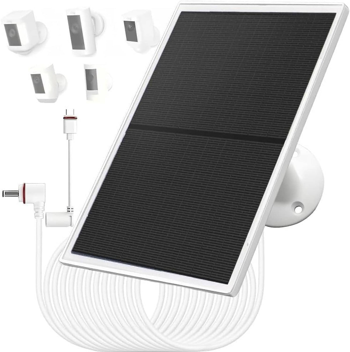10W solar panel charger angled view, black solar panel with white cable and mount