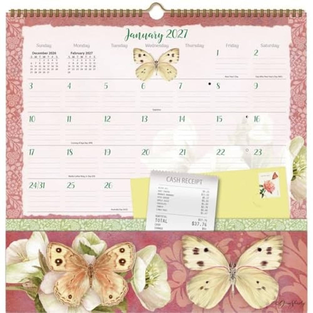Butterflies 2027 calendar page with butterfly header and cash receipt note, Note Nook by Jane Shasky