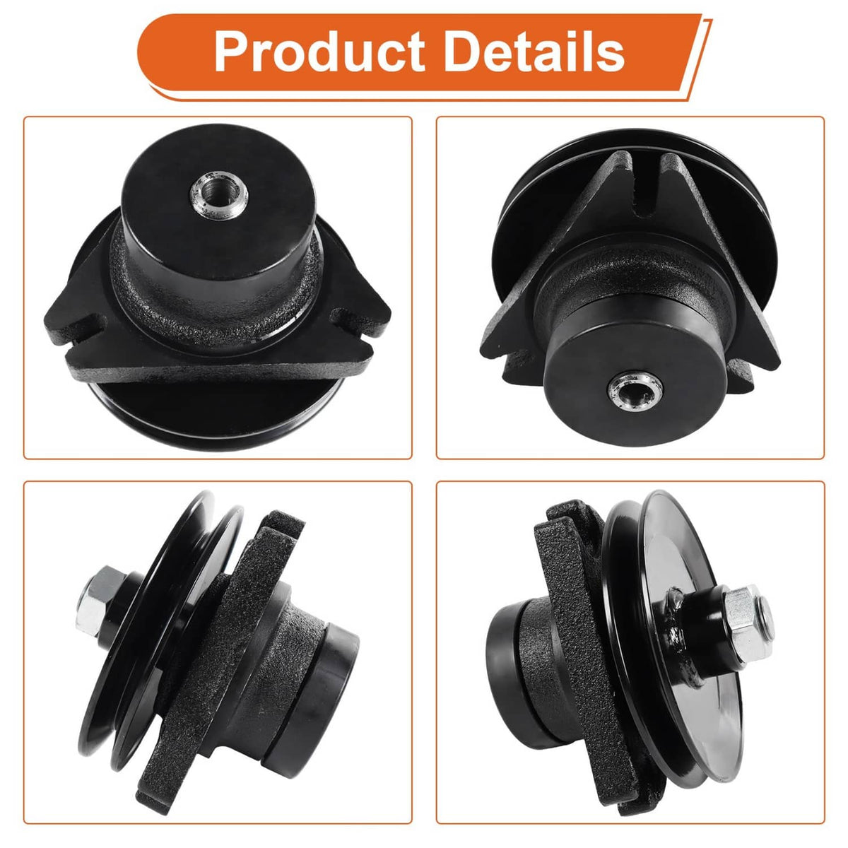 Lawn mower spindle product detail showing pulley, brackets, and mounting stud