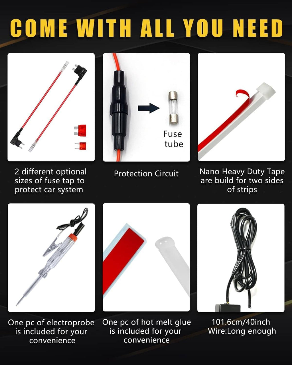 LED hood light strip installation kit with fuse tube, heavy-duty tape, and wires