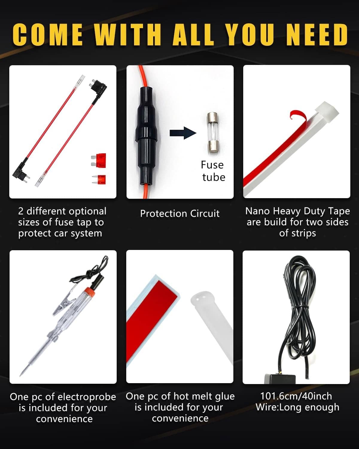 LED hood light strip installation kit with fuse tube, heavy-duty tape, and wires