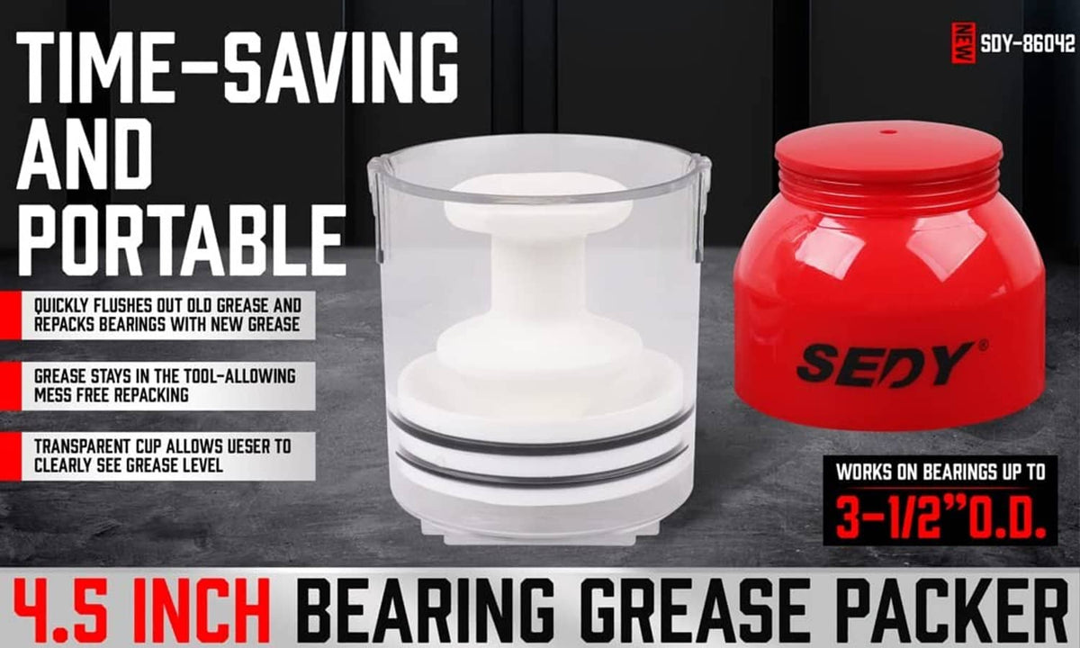 Portable bearing grease packer tool with clear cup and red grease jar