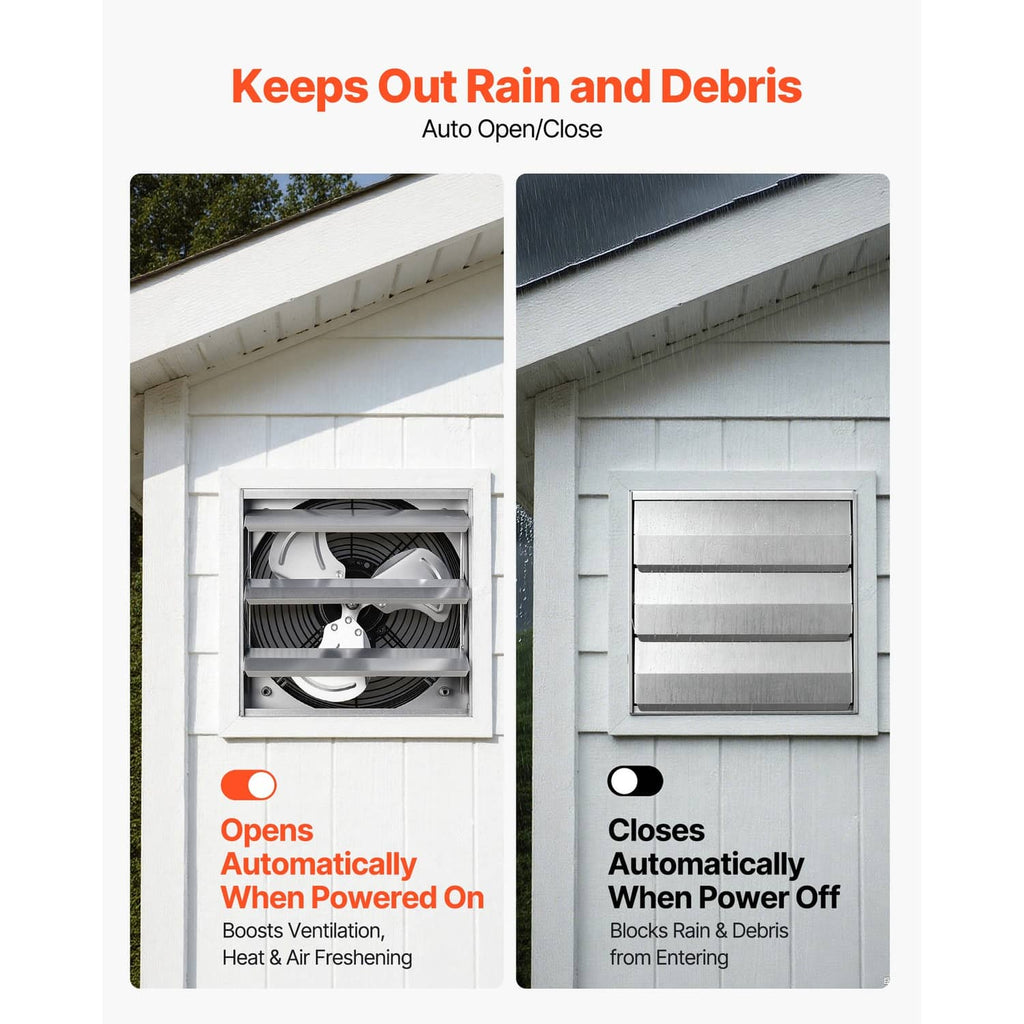 Wall-mounted exhaust fan with auto louvers shown open and closed